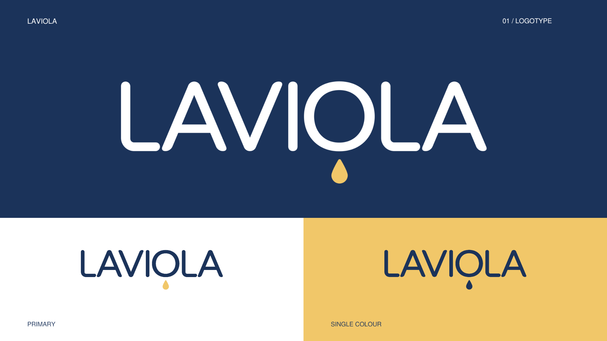 Логотип Laviola с символом капли и варианты его использования на синем, белом и жёлтом фоне.