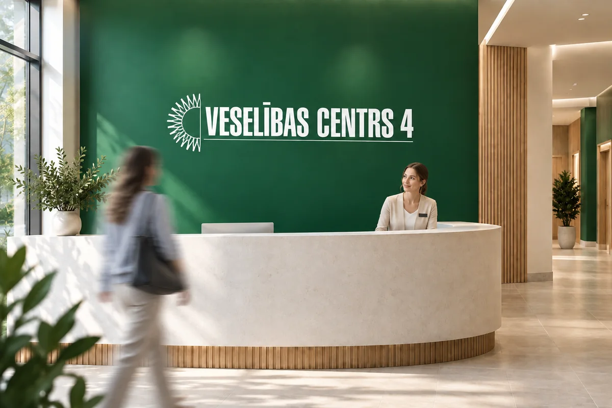 Concept visualisation of the Veselības centrs 4 reception with a visitor and a staff member