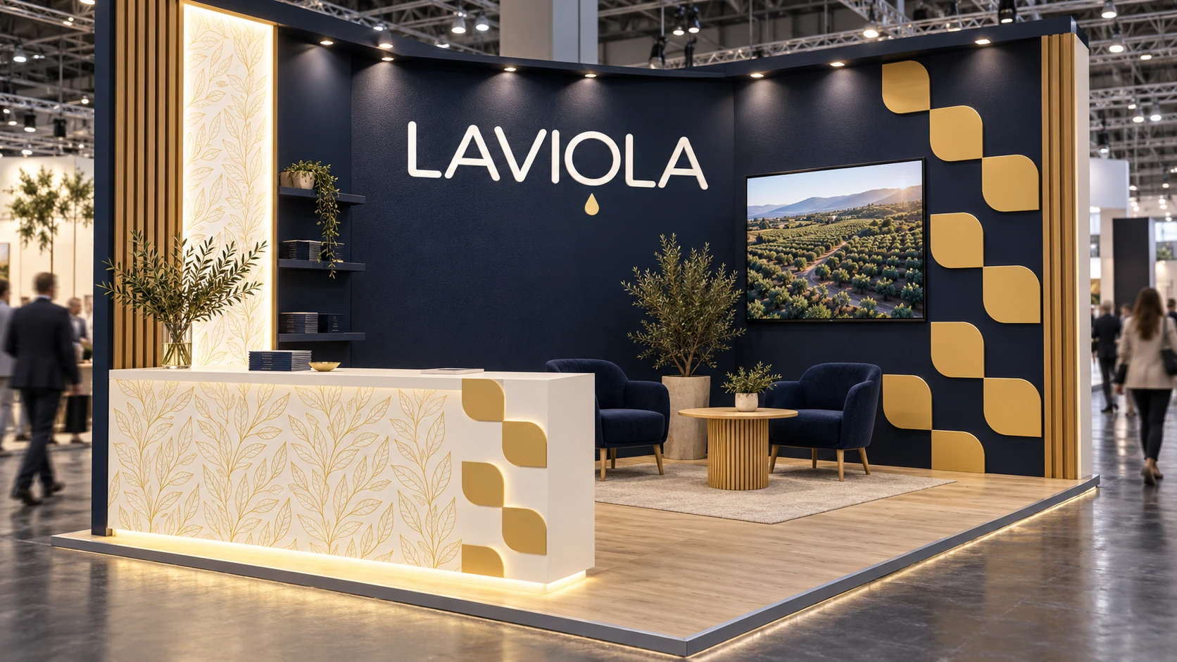 Визуализация выставочного стенда Laviola с логотипом, фирменной графикой и зоной для переговоров.