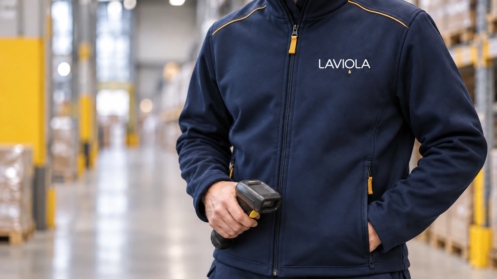 Концепция рабочей одежды Laviola: тёмно-синяя куртка с логотипом и жёлтыми деталями.